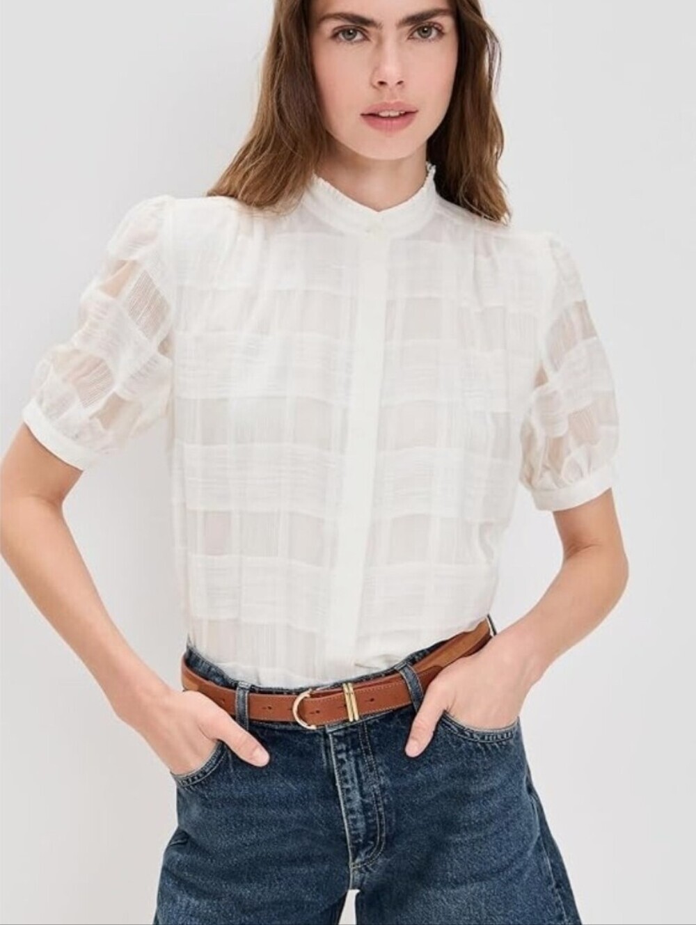 Rag & Bone White Short-Sleeve Plaid Blouse - Lightweight Jordan Sz Small Top